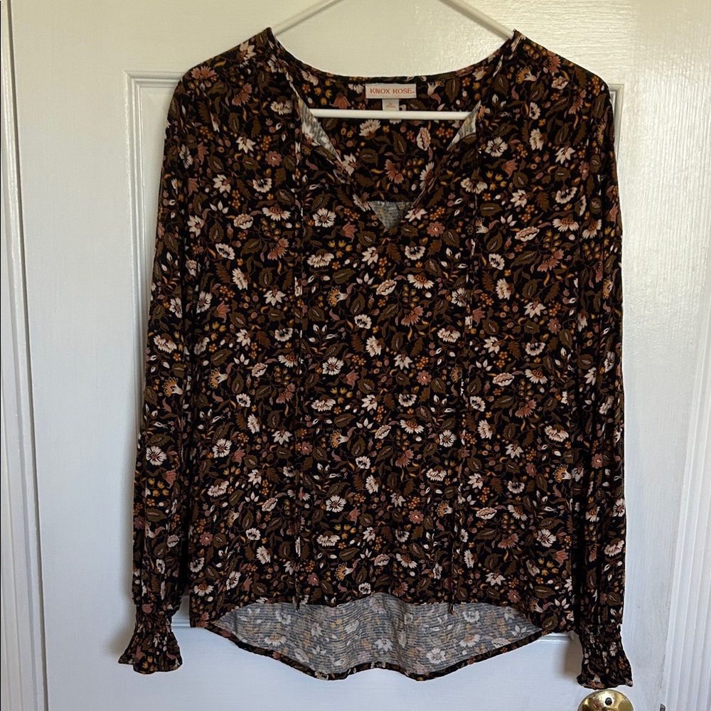 Knox Rose Boho Long Sleeve Top, Fall Floral Pattern, XS